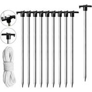 Eurmax USA Galvanized Non-Rust Camping Family Tent Pop Up Tent Stakes Ice Tools Heavy Duty 10pc-Pack, with 4x10ft Ropes & 1 Stopper