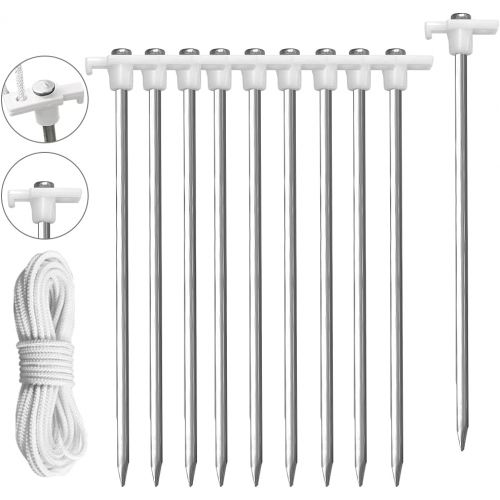  Eurmax USA Galvanized Non-Rust Camping Family Tent Pop Up Tent Stakes Ice Tools Heavy Duty 10pc-Pack, with 4x10ft Ropes & 1 Stopper