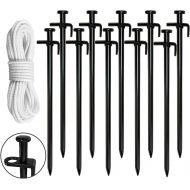 Eurmax USA 10PC Pack 12 inch Multiuse Heavy Duty Steel Tent Stakes Tarp Pegs Camping Stakes for Outdoor Camping Canopy and tarp with 4 Ropes 10FT Length(Black)