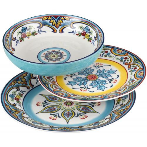  [아마존베스트]Euro Ceramica Zanzibar Collection Pasta Bowls, Set of 4, Spanish Floral Design, Multicolor Blue