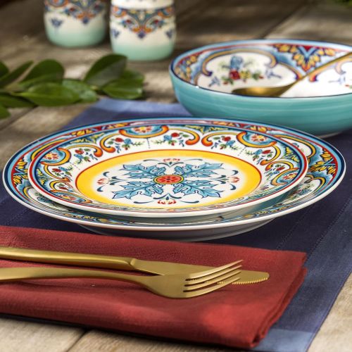  [아마존베스트]Euro Ceramica Zanzibar Collection Pasta Bowls, Set of 4, Spanish Floral Design, Multicolor Blue