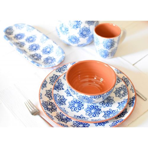  Euro Ceramica Inc. Euro Ceramica Azul Tile Collection 12 Terra Cotta Snack Tray with 3 3.6 Dipping/Sauce Bowls, Floral Hand-Painted Design, Blue & White