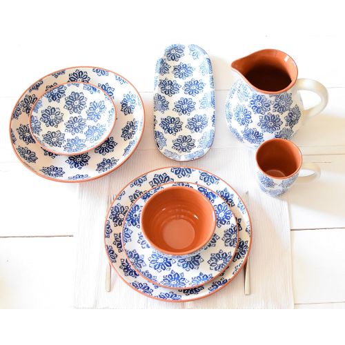  Euro Ceramica Inc. Euro Ceramica Azul Tile Collection 12 Terra Cotta Snack Tray with 3 3.6 Dipping/Sauce Bowls, Floral Hand-Painted Design, Blue & White