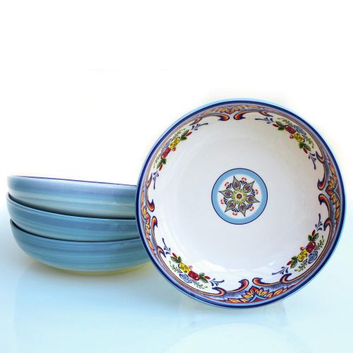  Euro Ceramica Inc. Euro Ceramica Zanzibar Collection Vibrant 8.4 Ceramic Pasta/Dining Bowls, Set of 4, Spanish Floral Design, Multicolor