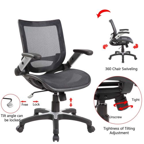  EuroStile Eurostile Adjustable Mesh Office Desk Chair Mid-Back Erogonomic Swivel Computer Chair Full Mesh Seat with Flip-Up Arms,Black