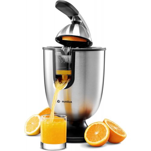 Eurolux Electric Citrus Juicer Squeezer, for Orange, Lemon, Grapefruit, Stainless Steel 160 Watts of Power Soft Grip Handle and Cone Lid for Easy Use (ELCJ-1700S)