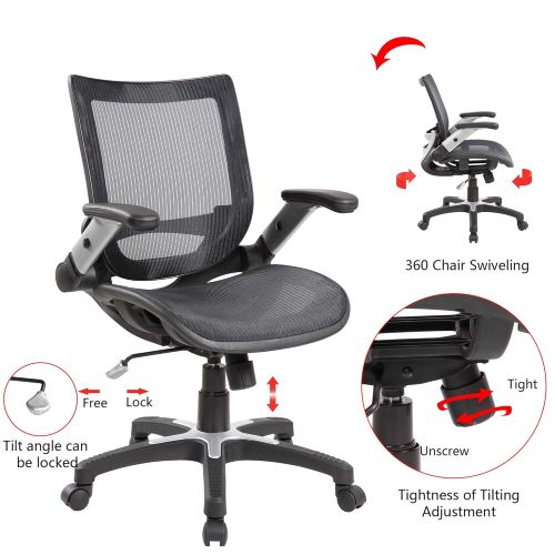  Eurosports eurosports Ajustable Mesh Office Desk Chair Mid-Back Ergonomic Computer Chair Full Mesh Seat with Flip-up Amrs,Black