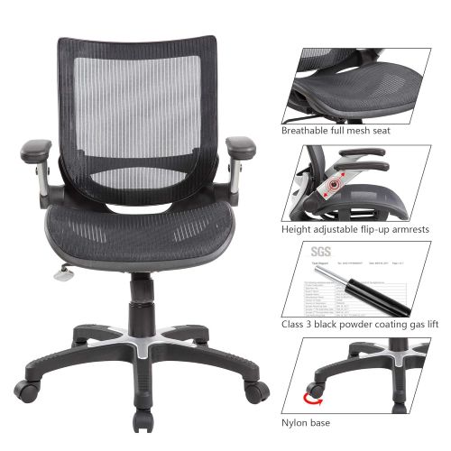  Eurosports eurosports Ajustable Mesh Office Desk Chair Mid-Back Ergonomic Computer Chair Full Mesh Seat with Flip-up Amrs,Black