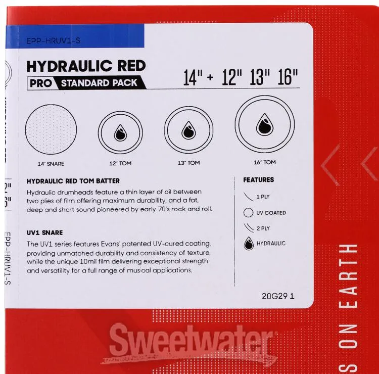  Evans Hydraulic Red 4-piece Tom Pack - 12/13/16 inch with Free 14 inch UV1 Coated Batter