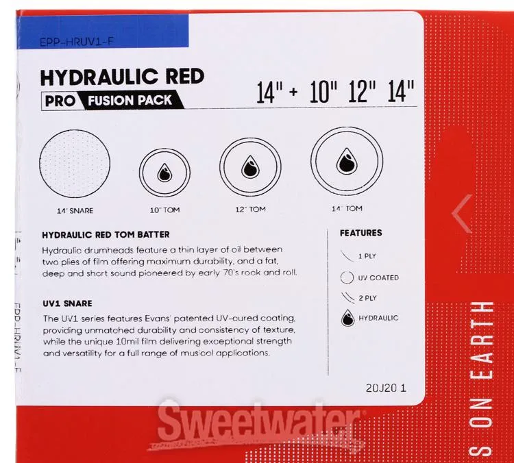  Evans Hydraulic Red 4-piece Tom Pack - 10/12/14 inch with Free 14 inch UV1 Coated Batter