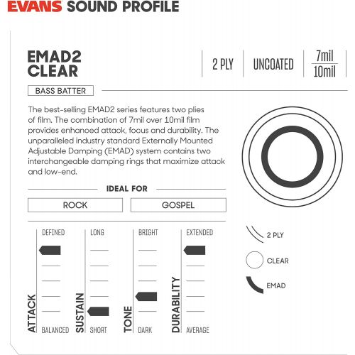  [아마존베스트]Evans EMAD2 Clear Bass Drum Head, 18”  Externally Mounted Adjustable Damping System Allows Player to Adjust Attack and Focus  2 Foam Damping Rings for Sound Options - Versatile f