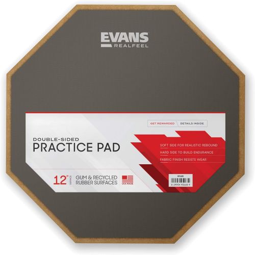  Evans RealFeel 2-Sided Practice Pad  Practice Anytime, Anywhere  Dual-Sided for Different Practices  Quiet, Sturdy, Portable, Resists Wear and Tear - Available in 3 Sizes, 12”