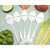 EveOfJoy Set of FIVE Spoon Garden Veggie Markers - Hand Stamped - Rustic - Custom - Vegetable Labels - Antique Silver Plated