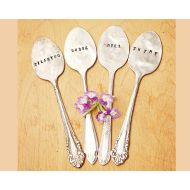 EveOfJoy Plant Markers - Set of FOUR Vintage Spoon Garden Herb Tags - Antique Silverplate - Hand Stamped - Rustic - Custom - Handstamped Spoon