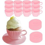 Evelots Teacup Silicone Cupcake Liners for Baking 24 Pc Set Oven Safe Non Stick (12 Cups & 12 Saucers) Reusable Baking Muffin Cups - BPA Free -2 Colors