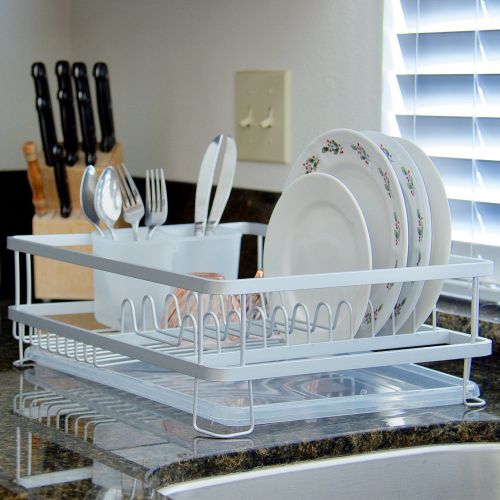  Evelyne GMT-10408 Kitchen Aluminum Wire Frame Dish Drying Counter Top Rack with Utensils Holder Drain Tray