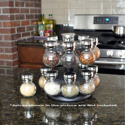  Evelyne GMT-10048-BK Revolving Spice Rack 16 Glass Jars Bottles Kitchen Countertop Herbs Spices Seasoning Storage Organizer