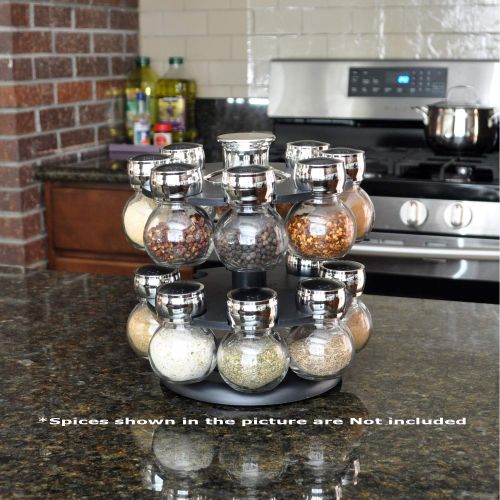  Evelyne GMT-10048-BK Revolving Spice Rack 16 Glass Jars Bottles Kitchen Countertop Herbs Spices Seasoning Storage Organizer