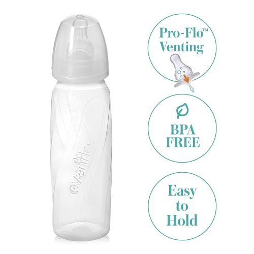 이븐플로 Evenflo Feeding Glass Premium Proflo Vented Plus Bottles for Baby, Infant and Newborn - Helps Reduce Colic - Clear, 8 Ounce (Pack of 6)