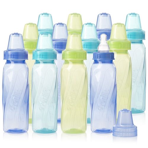 이븐플로 Evenflo Feeding Classic Tinted Plastic Standard Neck Bottles for Baby, Infant and Newborn - Teal/Green/Blue, 8 Ounce (Pack of 12)