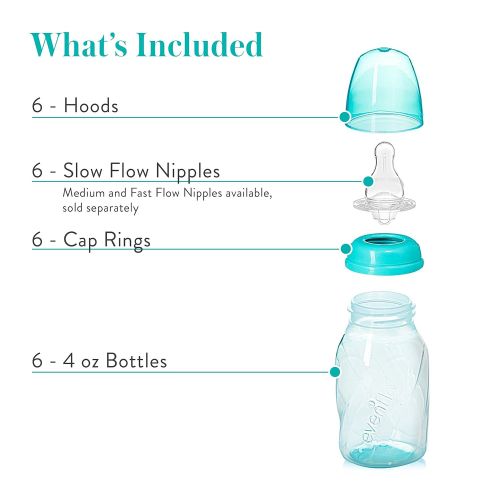 이븐플로 Evenflo Feeding Premium Proflo Vented Plus Polypropylene Baby, Newborn and Infant Bottles - Helps Reduce Colic - Teal/Green/Blue, 4 Ounce (Pack of 6)