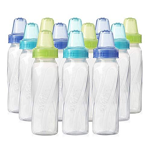 이븐플로 Evenflo Feeding Classic Clear Plastic Standard Neck Bottles for Baby, Infant and Newborn - Teal/Green/Blue, 8 Ounce (Pack of 12)