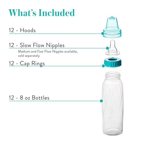 이븐플로 Evenflo Feeding Classic Clear Plastic Standard Neck Bottles for Baby, Infant and Newborn - Teal/Green/Blue, 8 Ounce (Pack of 12)