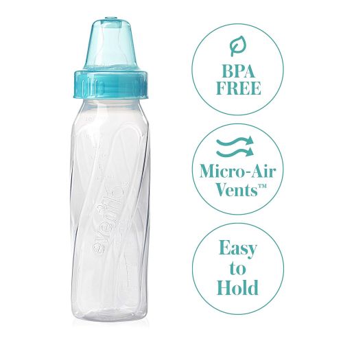 이븐플로 Evenflo Feeding Classic Clear Plastic Standard Neck Bottles for Baby, Infant and Newborn - Teal/Green/Blue, 8 Ounce (Pack of 12)