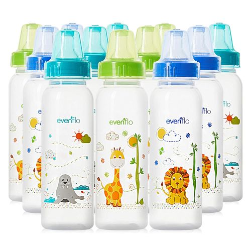 이븐플로 Evenflo Feeding Zoo Friends Polypropylene Bottles for Baby, Infant and Newborn - Blue/Green/Orange, 8 Ounce (Pack of 12)