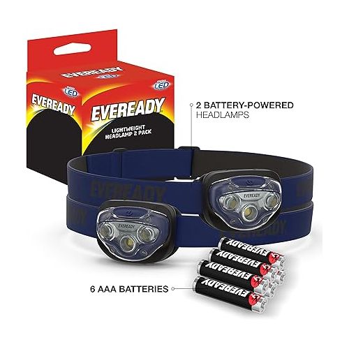  Eveready LED Headlamps (2-Pack), Bright and Durable Head Lights for Running, Camping, Fishing, Emergency (Batteries Included),Navy Blue (2-Pack),Adjustable