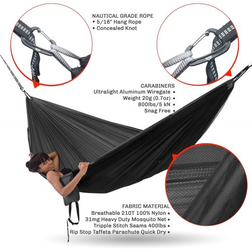  Everest active gear Everest Double Camping Hammock with Mosquito Net Bug-Free Camping, Hiking, Backpacking & Survival Outdoor Hammock Tent Reversible, Integrated, Lightweight, Ripstop Nylon Black/Blac