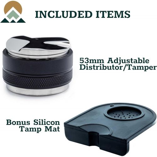  Evergreen Coffee 53mm Coffee Distributor & Tamper with Adjustable Height + Tamp Mat. Designed for the Breville Barista Express Pro touch, BES870XL BES870BSXL BES78VSS BES880BSS