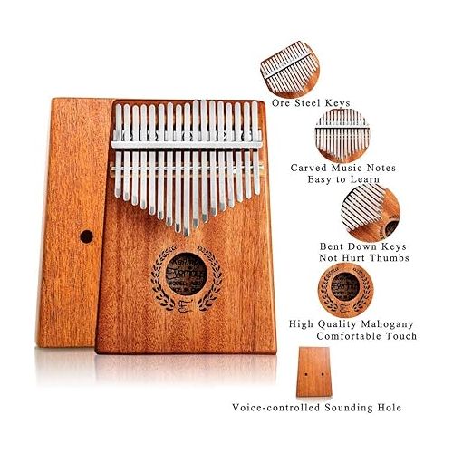  Everjoys Kalimba Thumb Piano 17 Keys, Professional Musical Instrument Finger Piano Marimbas with Portable Soft Cloth Bag, Fast to Learn Songbook, Tuning Hammer, All in One Kit (Mahogany)