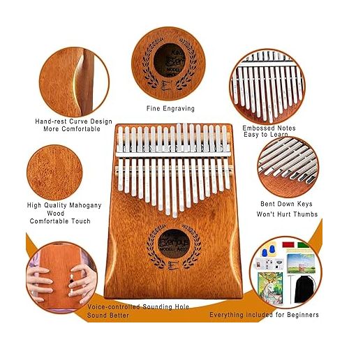  Everjoys Kalimba Thumb Piano 17 Keys, Professional Musical Instrument Finger Piano Marimbas with Portable Soft Cloth Bag, Fast to Learn Songbook, Tuning Hammer, All in One Kit
