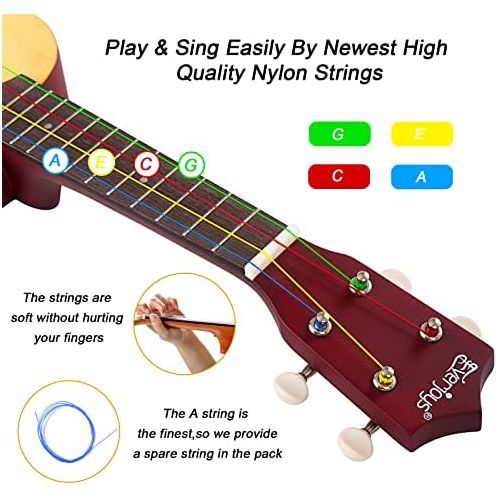  Everjoys Soprano Ukulele Beginner Pack-21 Inch w/Rainbow String Gig Bag Fast Learn Songbook Digital Tuner All in One Kit