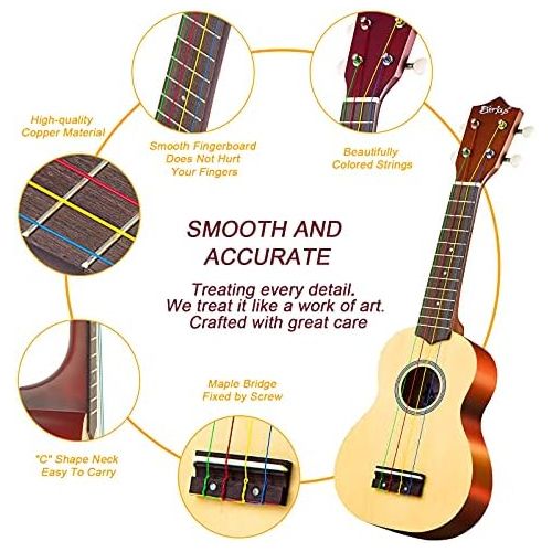  Everjoys Soprano Ukulele Beginner Pack-21 Inch w/Rainbow String Gig Bag Fast Learn Songbook Digital Tuner All in One Kit