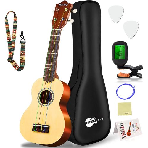  Everjoys Soprano Ukulele Beginner Pack-21 Inch w/Rainbow String Gig Bag Fast Learn Songbook Digital Tuner All in One Kit