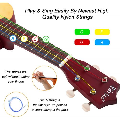  Everjoys Soprano Ukulele Beginner Pack-21 Inch w/Rainbow String Gig Bag Fast Learn Songbook Digital Tuner All in One Kit