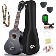 Everjoys Learn to Play Ukulele Soprano Starter Kit - Satin Mahogany Professional Uke - 21 inch w/Case Strap Digital Tuner Aquila Strings