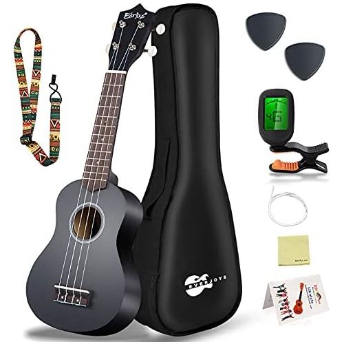  Everjoys Learn to Play Ukulele Soprano Starter Kit - Satin Mahogany Professional Uke - 21 inch w/Case Strap Digital Tuner Aquila Strings