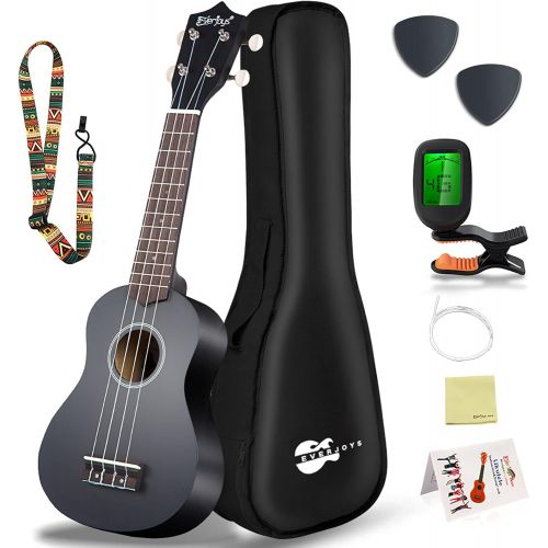  Everjoys Learn to Play Ukulele Soprano Starter Kit - Satin Mahogany Professional Uke - 21 inch w/Case Strap Digital Tuner Aquila Strings