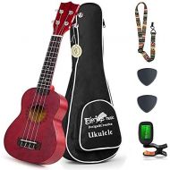 Everjoys Learn to Play Ukulele Soprano Starter Kit - Satin Mahogany Professional Uke - 21 inch w/Case Strap Digital Tuner Aquila Strings