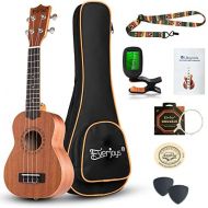 Everjoys Learn to Play Ukulele Soprano Starter Kit - Satin Mahogany Professional Uke - 21 inch w/Case Strap Digital Tuner Aquila Strings