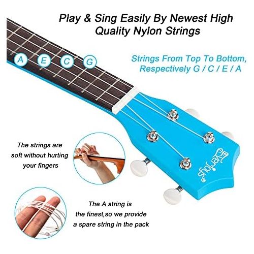  Everjoys Soprano Ukulele Beginner Pack-21 Inch w/Gig Bag How to Play Songbook Digital Tuner All in One Kit (Blue)