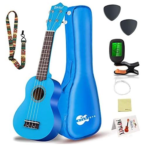  Everjoys Soprano Ukulele Beginner Pack-21 Inch w/Gig Bag How to Play Songbook Digital Tuner All in One Kit (Blue)