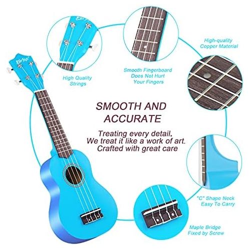  Everjoys Soprano Ukulele Beginner Pack-21 Inch w/Gig Bag How to Play Songbook Digital Tuner All in One Kit (Blue)