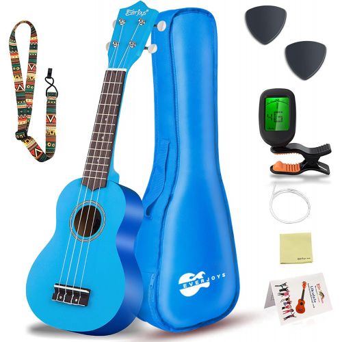  Everjoys Soprano Ukulele Beginner Pack-21 Inch w/Gig Bag How to Play Songbook Digital Tuner All in One Kit (Blue)