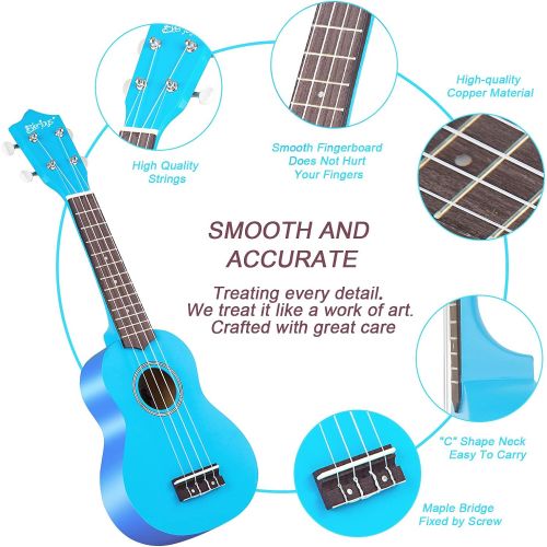  Everjoys Soprano Ukulele Beginner Pack-21 Inch w/Gig Bag How to Play Songbook Digital Tuner All in One Kit (Blue)