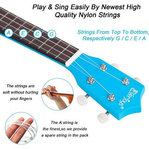  Everjoys Soprano Ukulele Beginner Pack-21 Inch w/Gig Bag How to Play Songbook Digital Tuner All in One Kit (Blue)