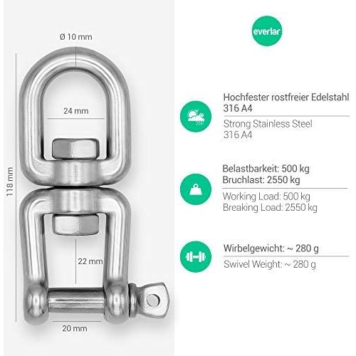  Besuchen Sie den everlar-Store everlar Edelstahl Drehwirbel I 10mm 500kg I Bequemes, sicheres & ruhiges Drehen von Hangesessel, Boxsack, Schwenkgrill u.v.a. I Hochfest & Wetterbestandig I Auge+Gabel